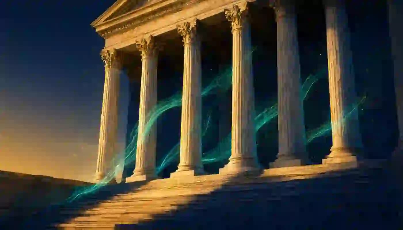 Colunas clássicas de um tribunal atravessadas por um fluxo de dados teal e dourado